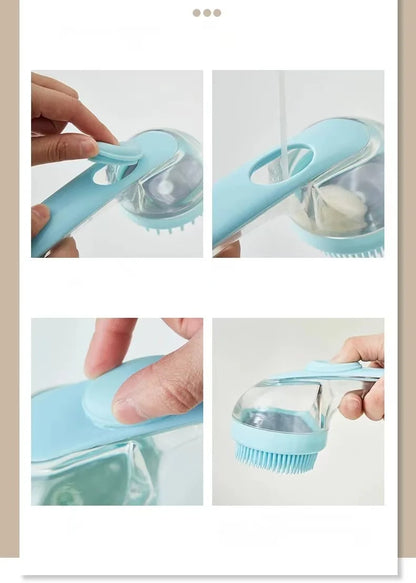 Soft Silicone Pet Bath Brush with Long Handle Shampoo Dispenser.