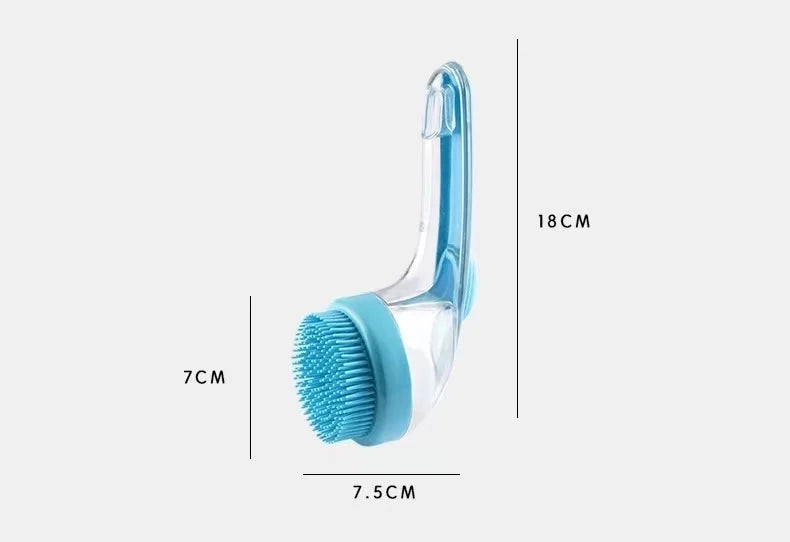 Soft Silicone Pet Bath Brush with Long Handle Shampoo Dispenser.