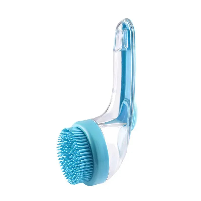 Soft Silicone Pet Bath Brush with Long Handle Shampoo Dispenser.