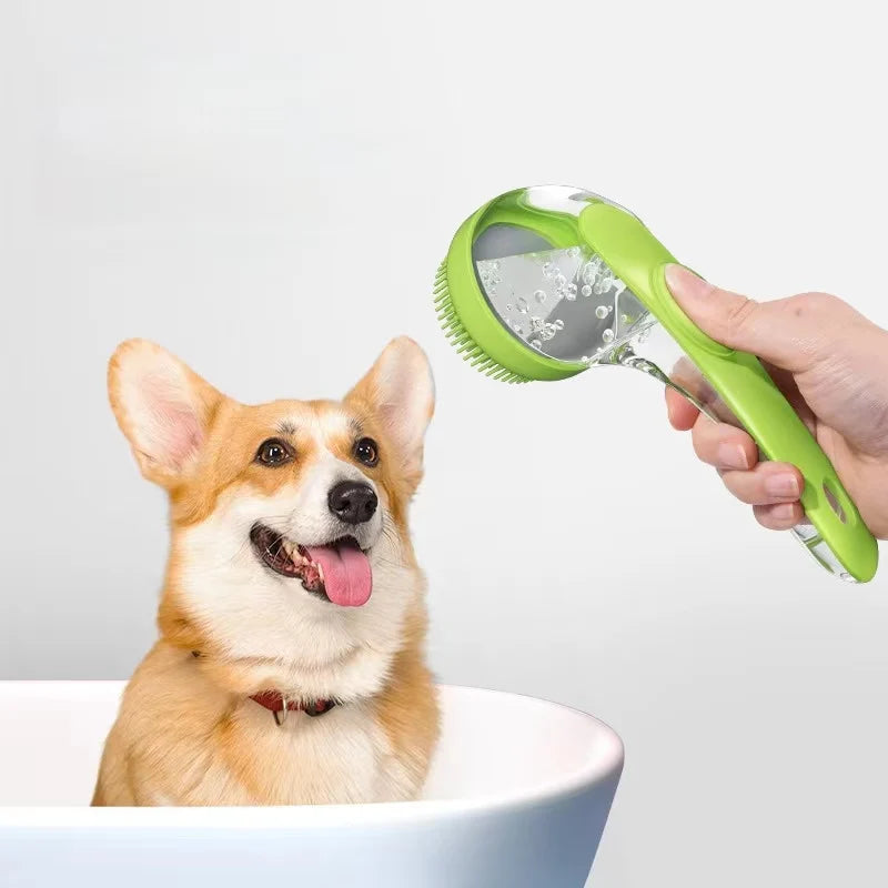 Soft Silicone Pet Bath Brush with Long Handle Shampoo Dispenser.